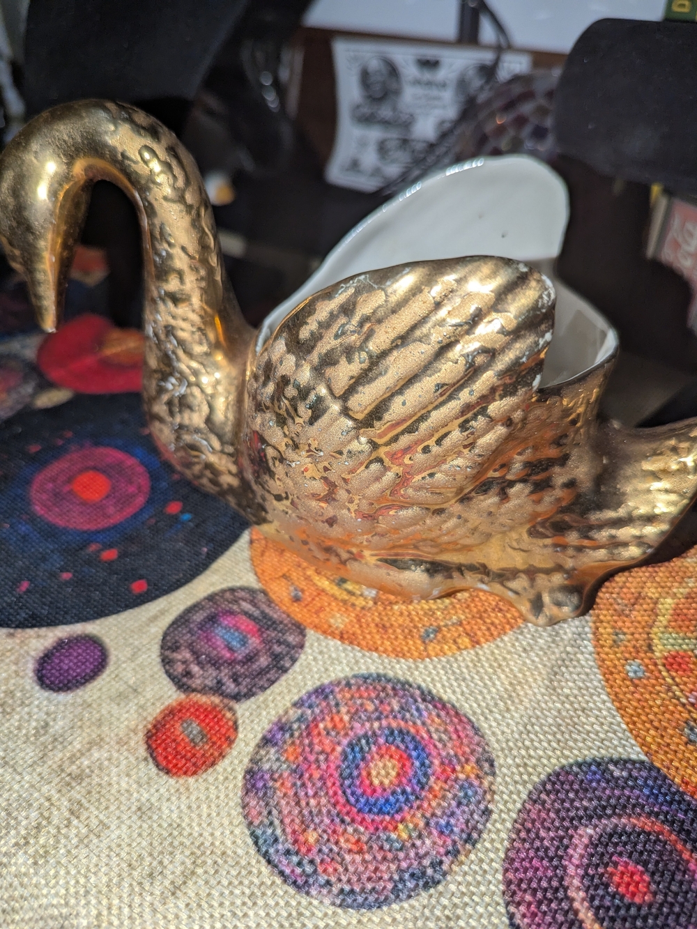 Brushed 22 KT Gold Ceramic Swan Accent Bowl - Decorative Home Art